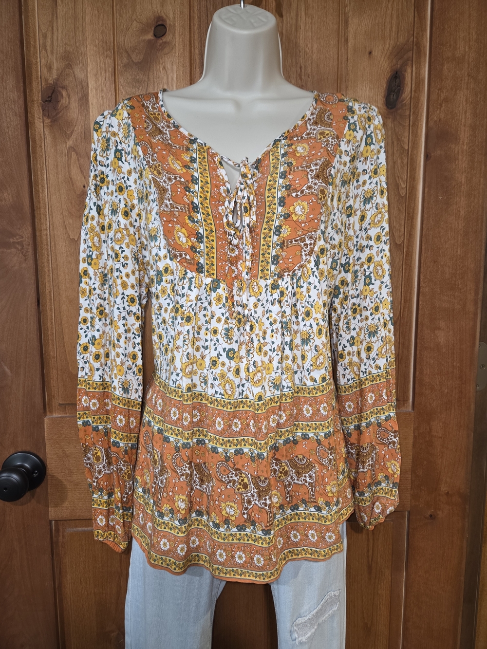 Boho Orange & White Floral Peasant‎ Tunic